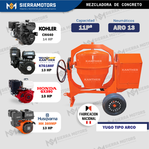 MEZCLADORA DE CONCRETO TIPO TROMPO DE 11P3 ARO 13 YUGO TIPO ARCO